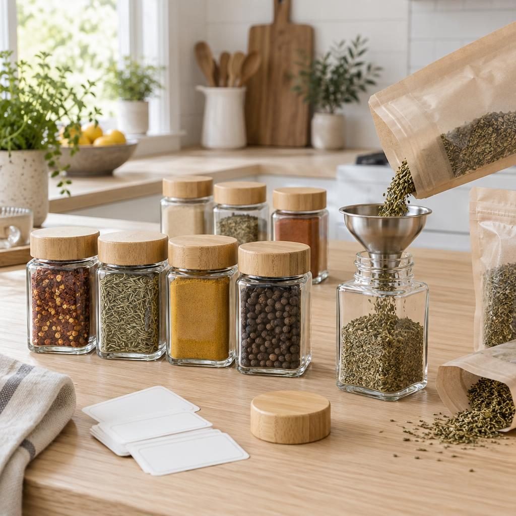 Refilling matching square glass spice jars from bags with a small funnel, with blank labels and bamboo lids on the counter