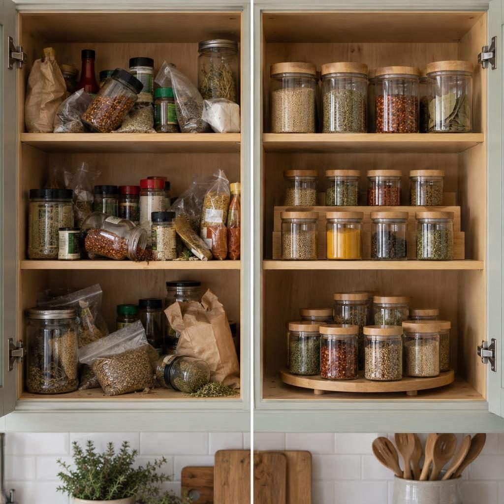 Spice cabinet before and after: messy shelves of mixed bottles and bags next to the same cabinet organized with risers and a turntable