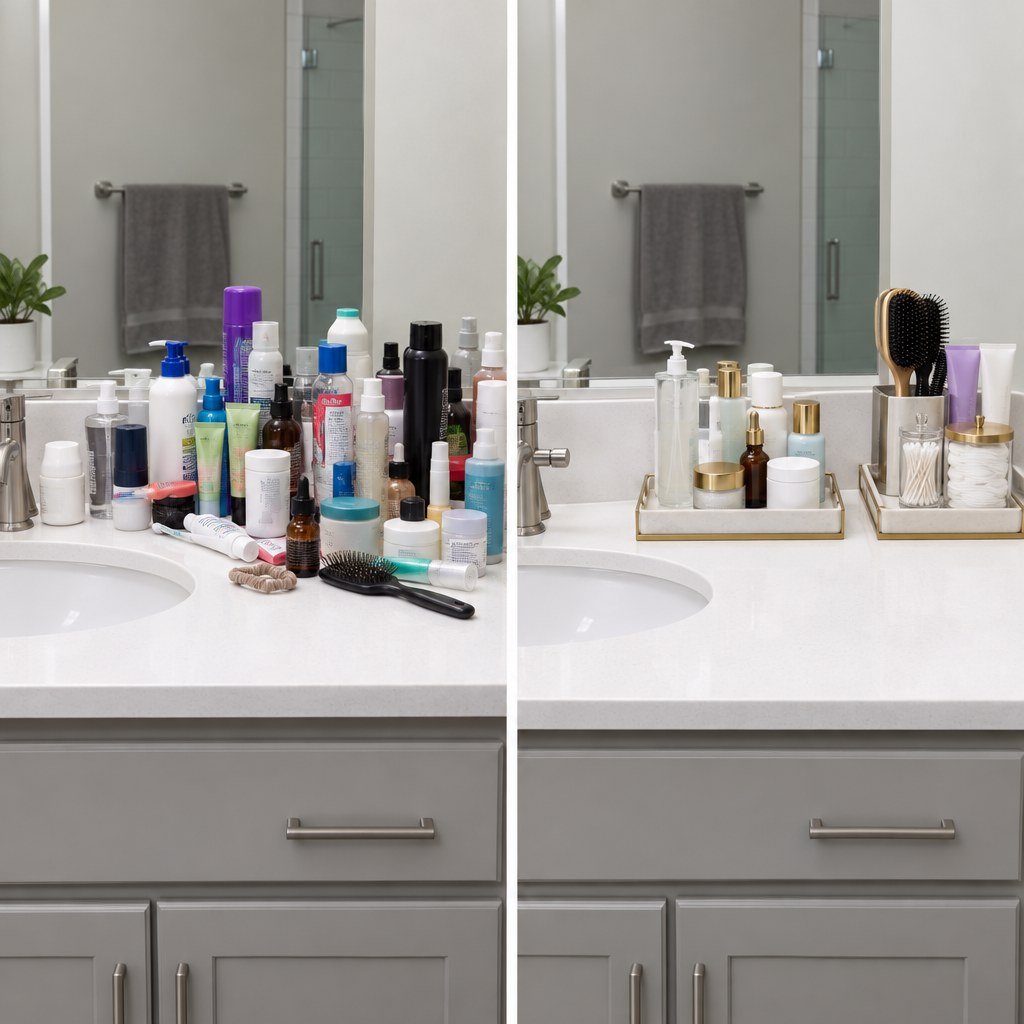 Before and after comparison of a cluttered versus organized bathroom countertop
