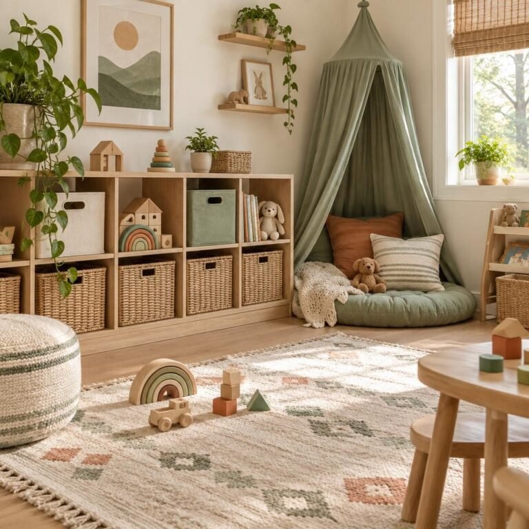 Toy storage ideas: kids playroom with a low white oak cube shelf, woven baskets, fabric bins and a sage green reading canopy