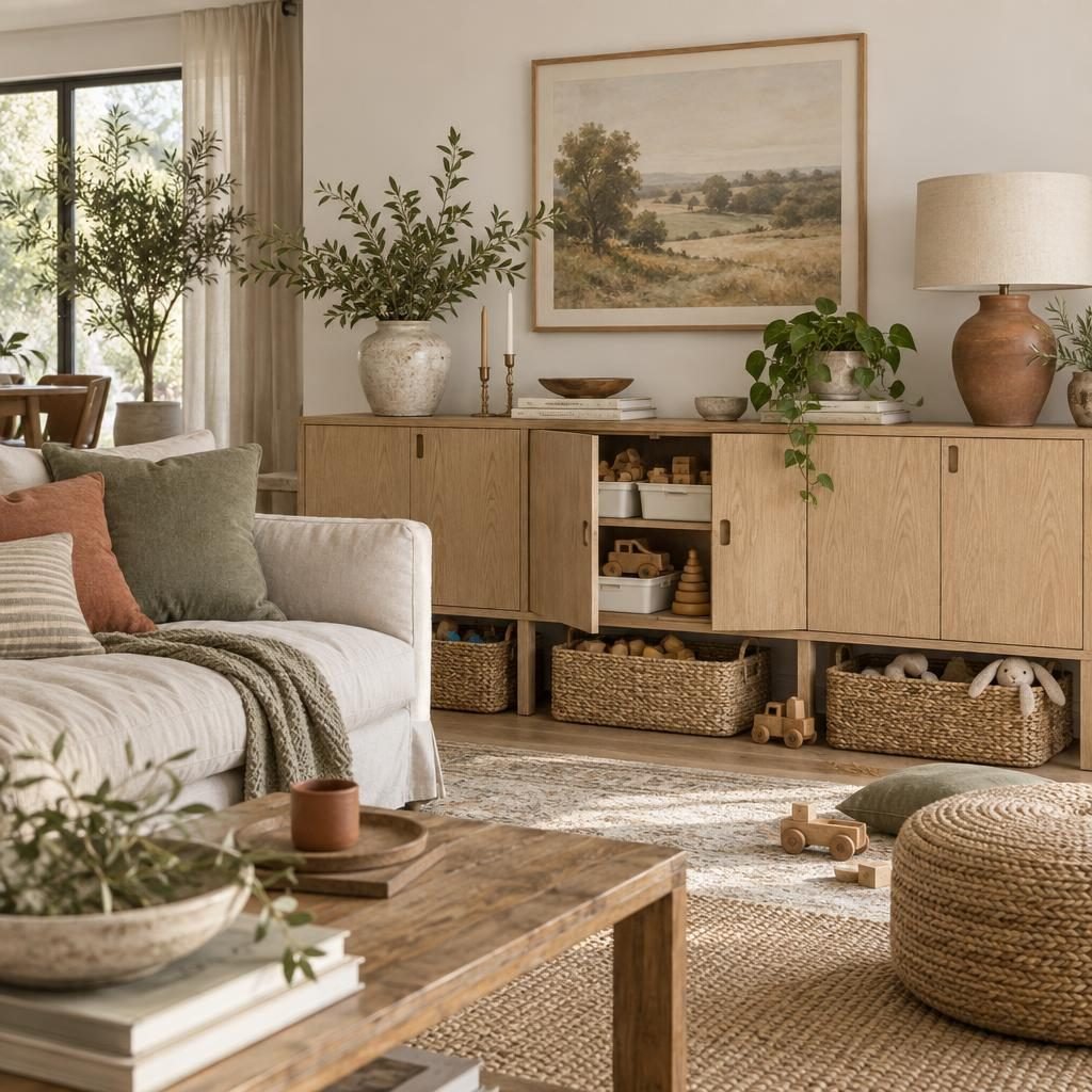 Toy storage in the living room: white oak sideboard with toy bins inside and woven baskets of wooden toys underneath, next to a sofa