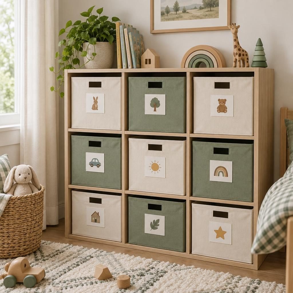 Cube storage shelf with cream and sage fabric bins, each with a simple picture label for the toys inside