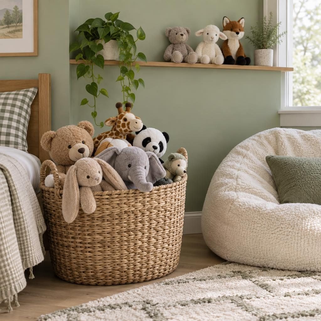 Stuffed animal storage: large woven basket full of plush toys under a wall ledge displaying a few favorite stuffed animals