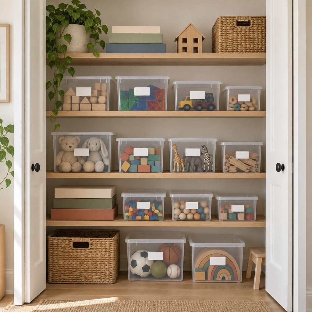 Toy rotation storage: closet shelves with clear labeled boxes of toys sorted by type