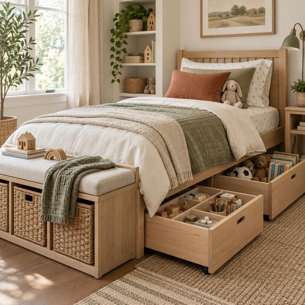 Kids bed with rolling under-bed drawers of toys and a storage bench with baskets at the foot of the bed