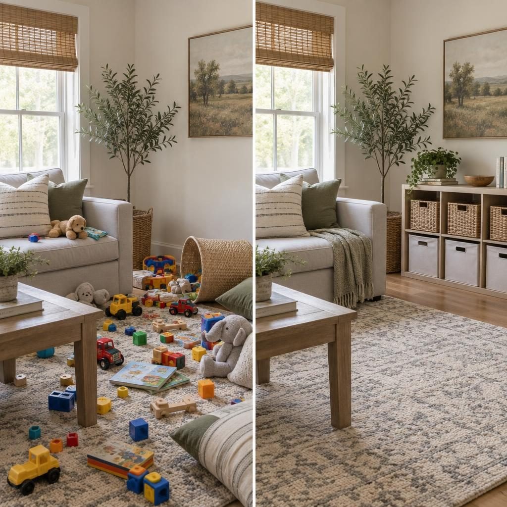 Toy storage before and after: toys scattered across a living room floor next to the same room tidied with a cube shelf and baskets