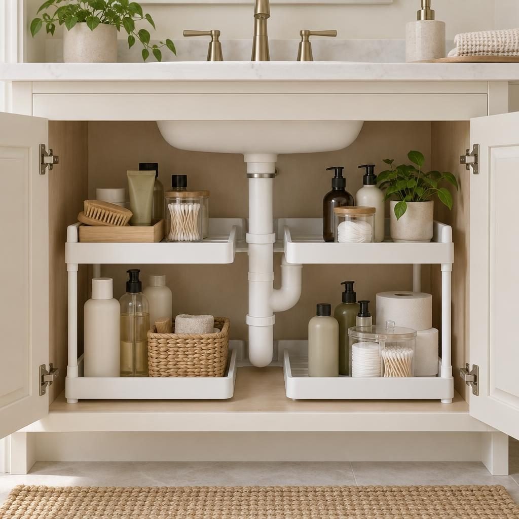 Under bathroom sink organization: U-shaped two-tier organizer fitted around the drain pipe holding toiletries