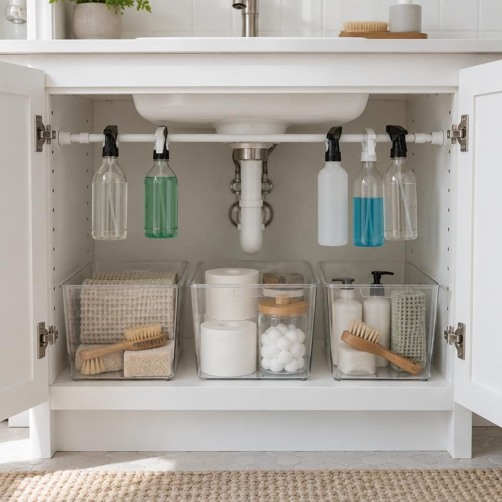 Tension rod under a bathroom sink holding spray bottles by their triggers above clear bins