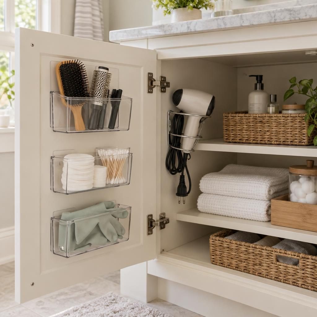 Inside of a bathroom vanity door with clear adhesive bins for brushes and cotton pads and a hair dryer holder