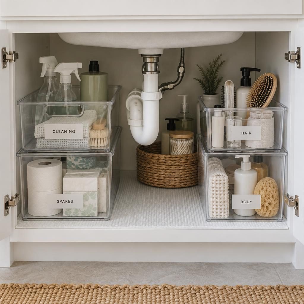 Under-sink cabinet with clear labeled bins by category and a turntable beside the pipe