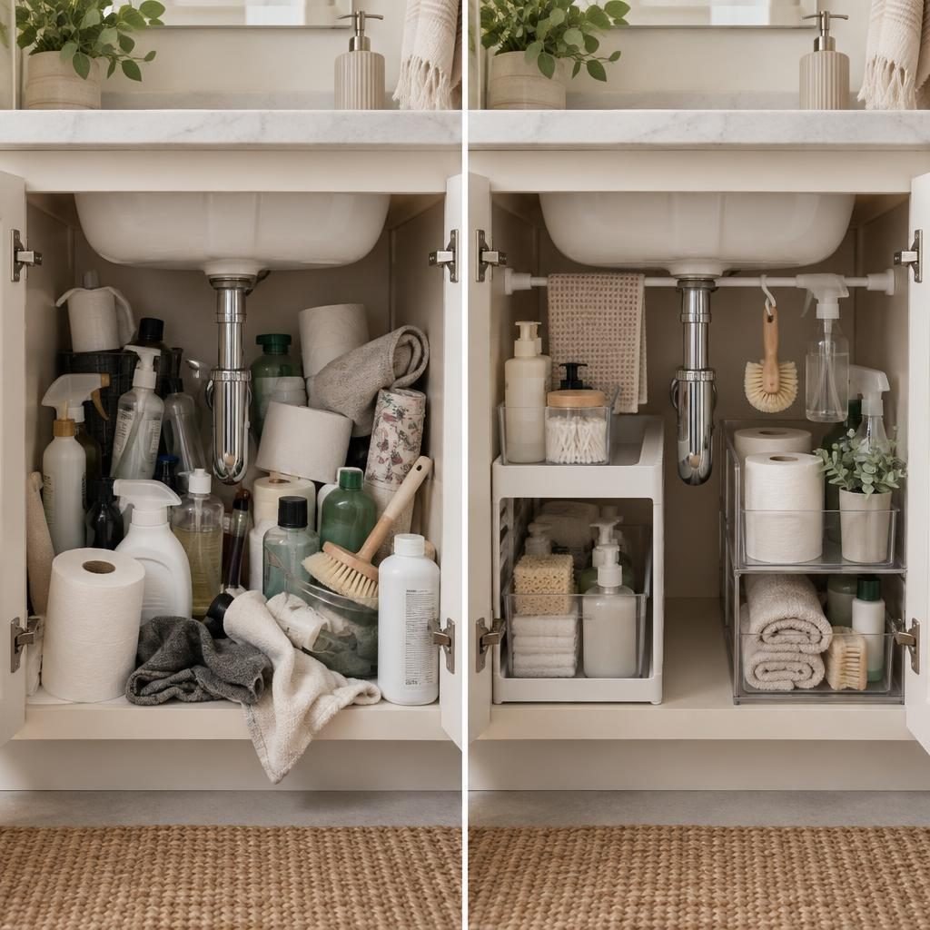 Under bathroom sink before and after: crammed cabinet next to the same cabinet organized with bins and a tension rod