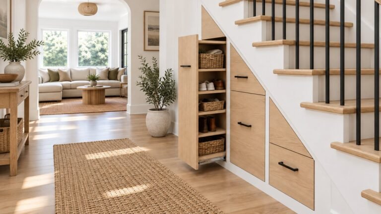 Under stairs storage ideas: pull-out drawers and cupboards built under a white staircase in a bright hallway