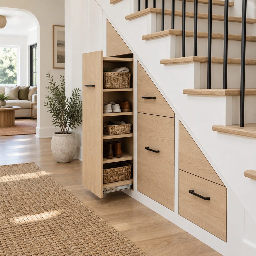 Under stairs storage ideas: built-in pull-out drawers under a staircase with one tall drawer open holding shoes and baskets
