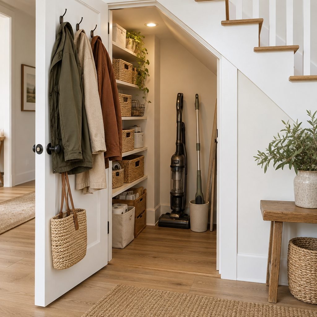 Under stairs closet with the door open showing coats on hooks, a vacuum, a mop and labeled baskets on shelves