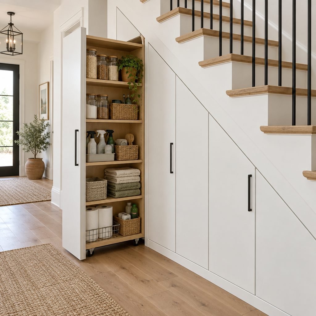 Tall pull-out cabinet on rollers slid out from under the stairs with shelves of pantry jars, cleaning supplies and towels