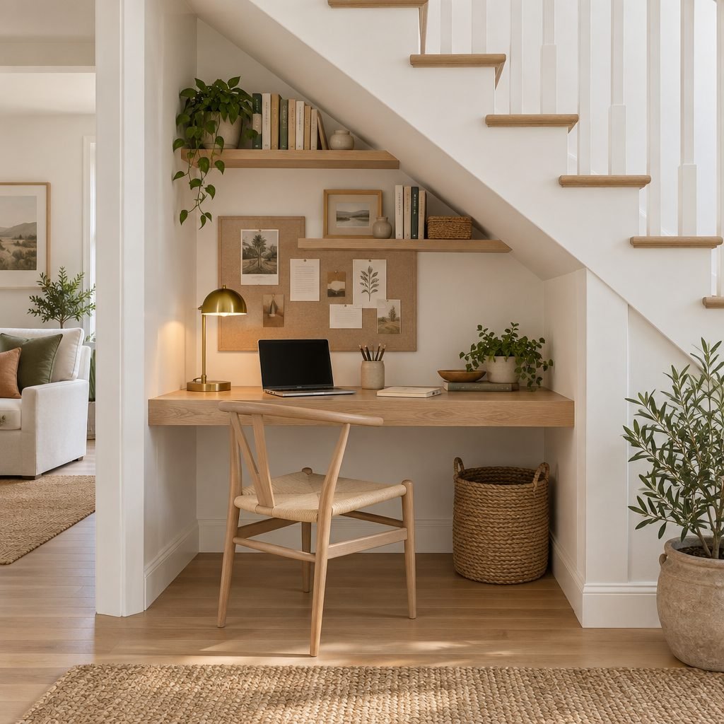 Small home office nook under the stairs with a floating oak desk, chair, lamp, laptop and a pinboard