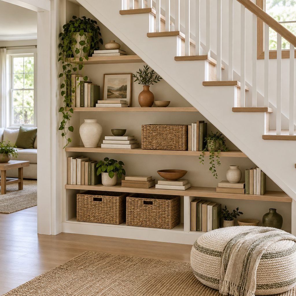 Built-in open shelves under a staircase styled with books, woven baskets, vases and plants with a pouf on the floor