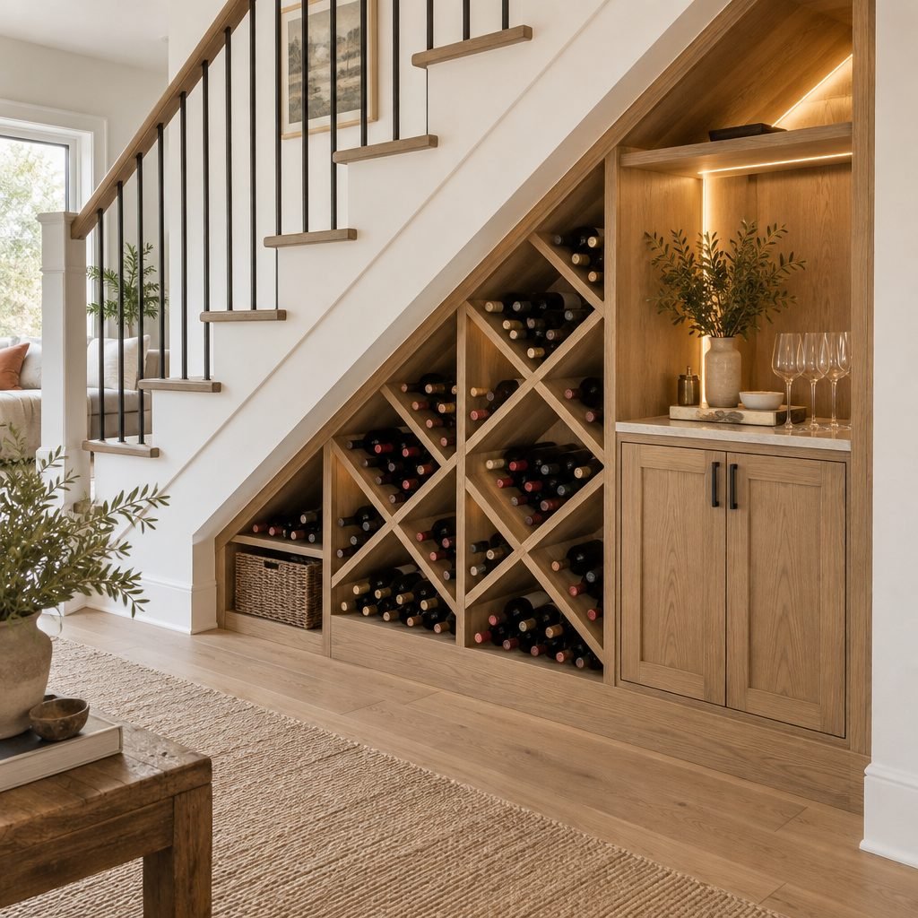 Under stairs wine storage with a diagonal wooden wine rack, a small cabinet with glasses and warm LED lighting