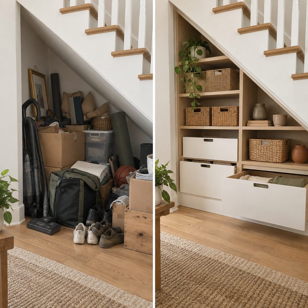 Under stairs storage before and after: boxes, bags and shoes piled under the stairs next to the same space with built-in drawers and shelves