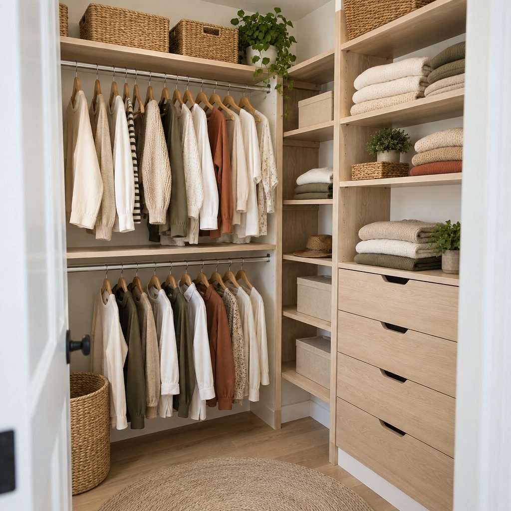 Small walk-in closet ideas: L-shaped light oak and white closet with double hanging rods, open shelves, drawers and woven baskets