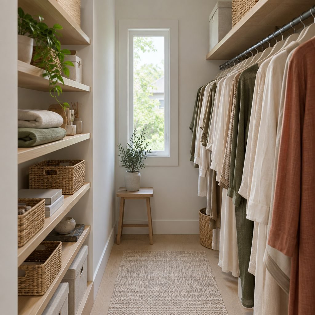 Narrow small walk-in closet with clothes hanging on one wall and shallow open shelves on the other side