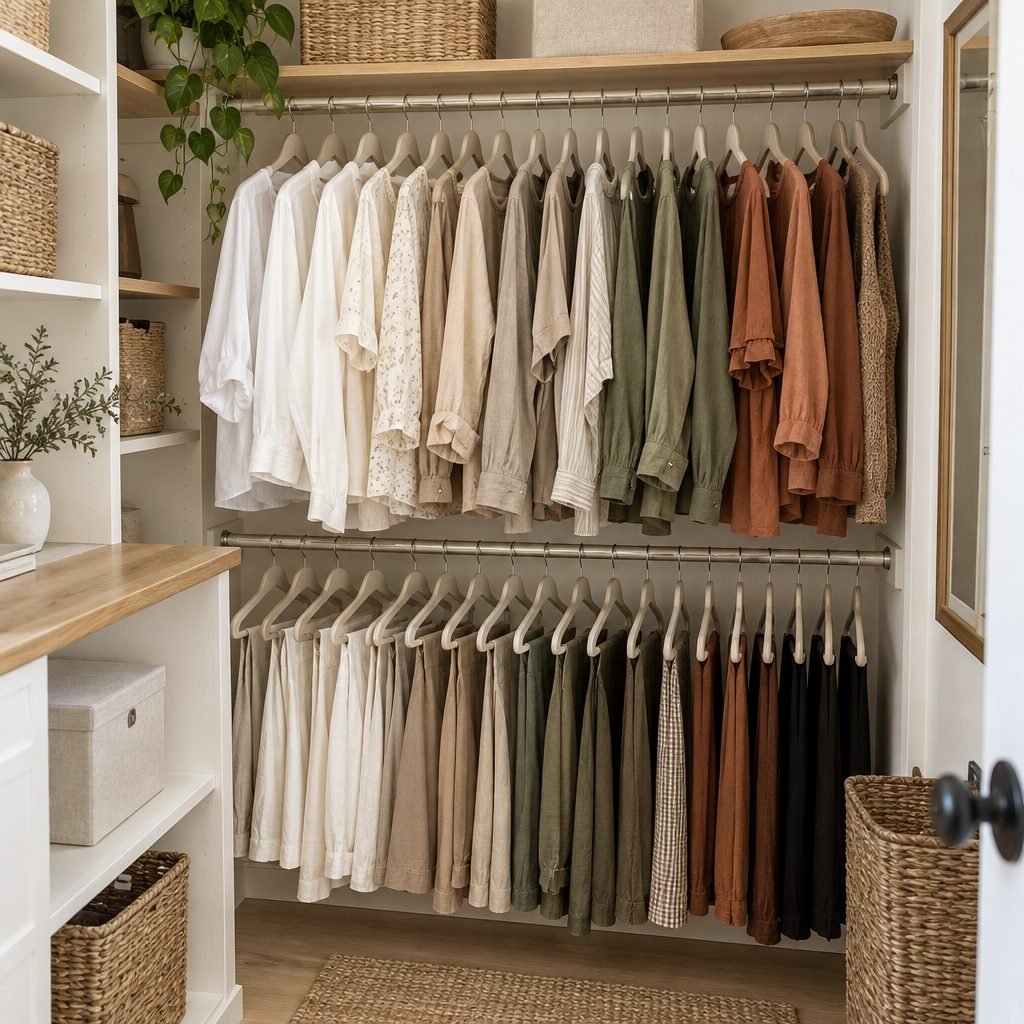 Double hanging rods in a small walk-in closet with shirts on the top rod and trousers on the lower rod on matching beige hangers