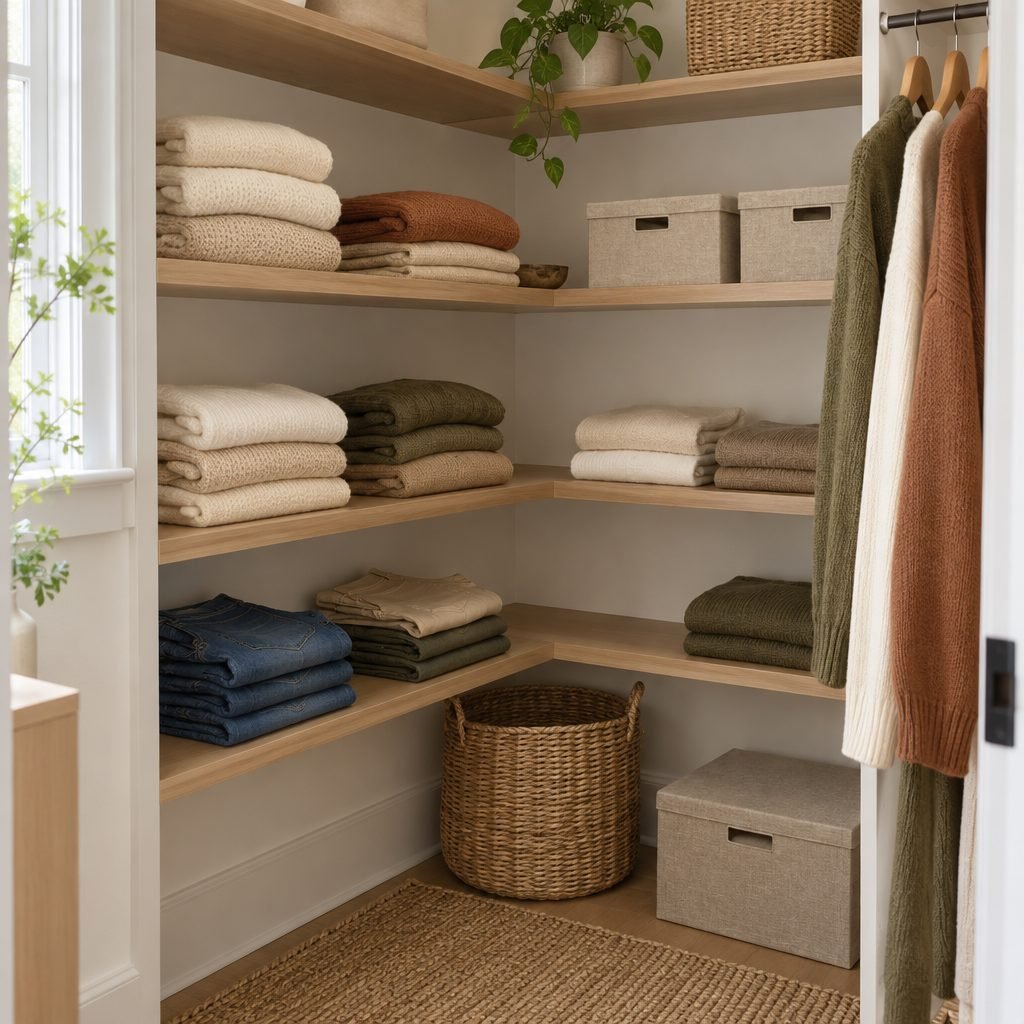 L-shaped corner shelves in a small walk-in closet holding folded sweaters, jeans, linen boxes and a woven basket