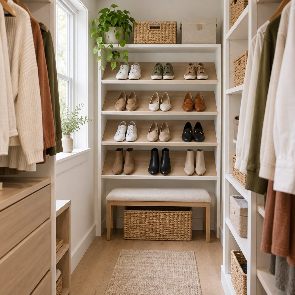 Shoe shelves at the end of a small walk-in closet with sneakers, flats and boots above a bench with a woven basket