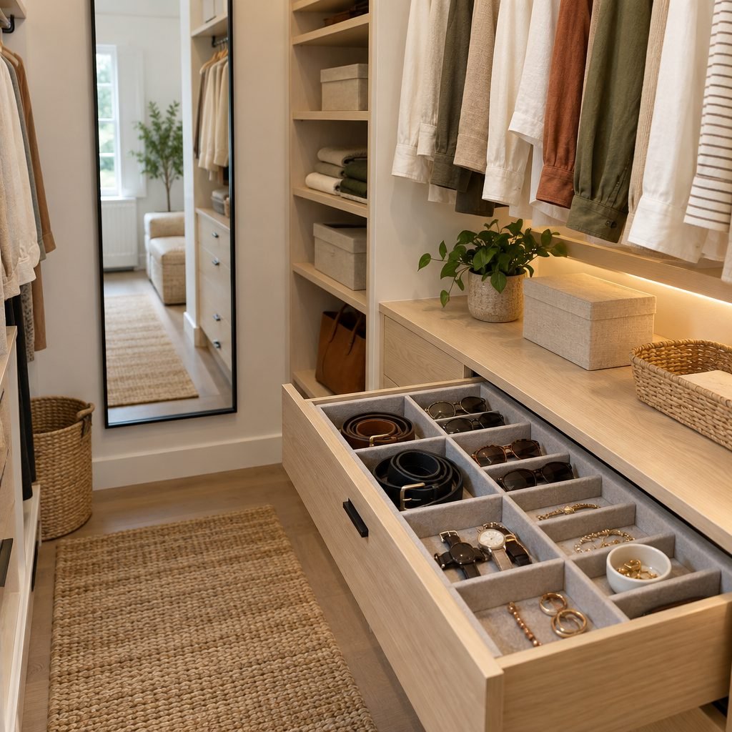 Open shallow drawer with felt dividers for belts, watches and jewelry in a small walk-in closet with a full-length mirror