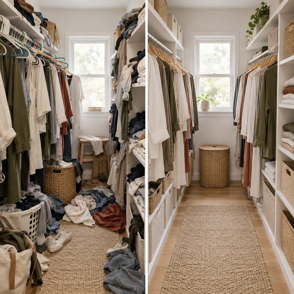 Small walk-in closet before and after: cluttered closet with clothes on the floor next to the same closet neatly organized