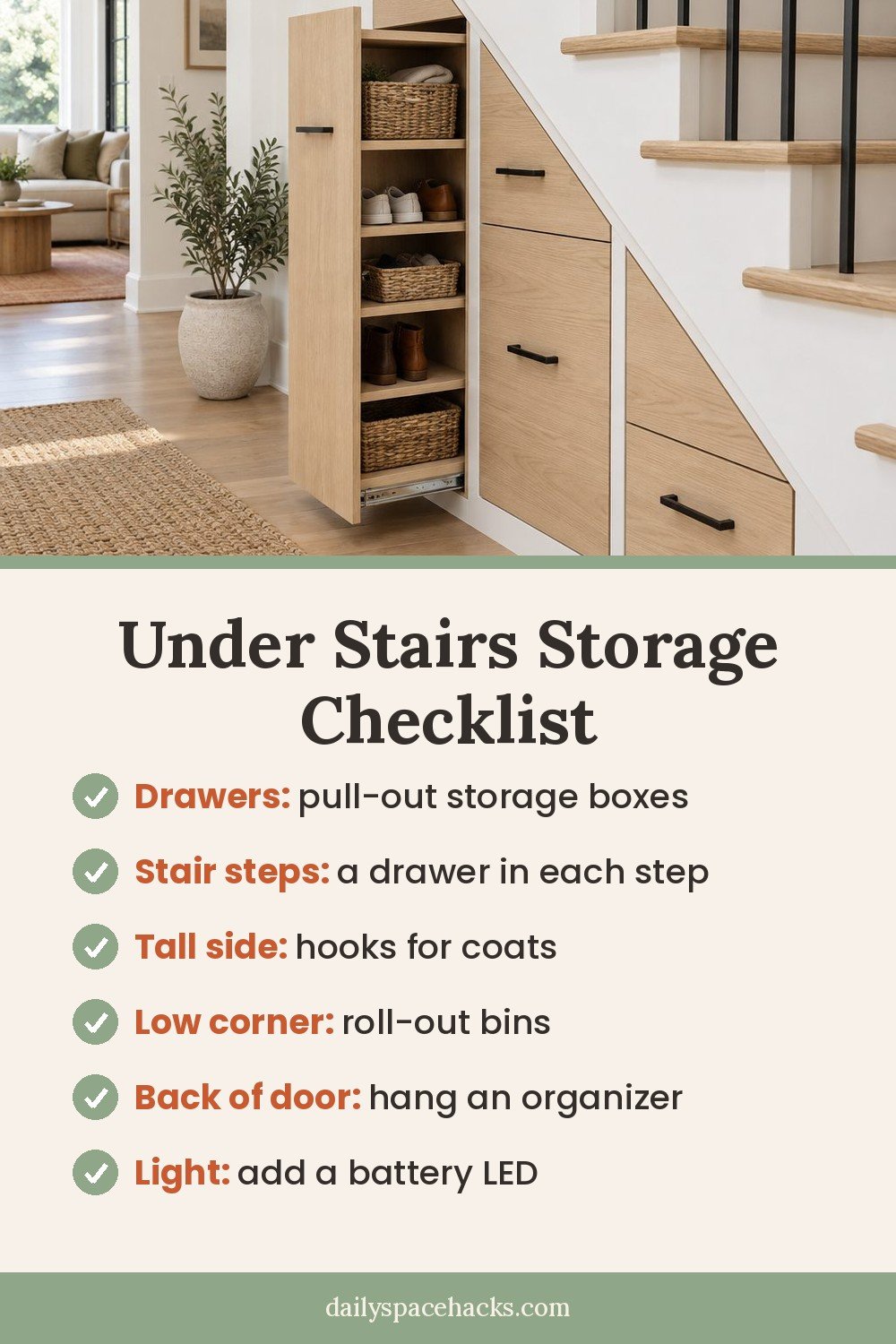 Under stairs storage checklist: pull-out drawers, stair-step drawers, coat hooks on the tall side, roll-out bins, a door organizer and a light
