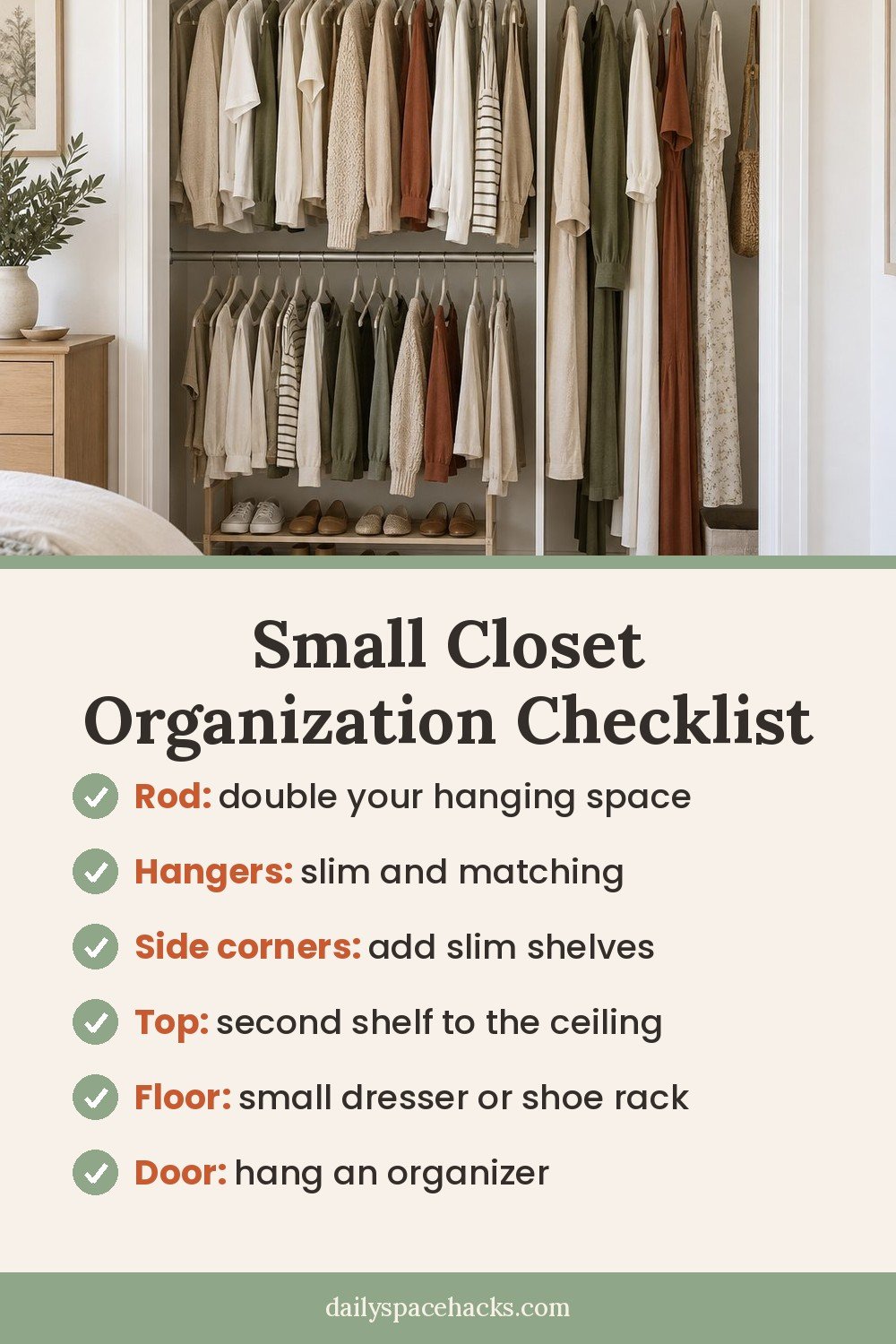 Small closet organization checklist: double hanging rod, slim matching hangers, side corner shelves, a second top shelf, a small dresser or shoe rack and a door organizer
