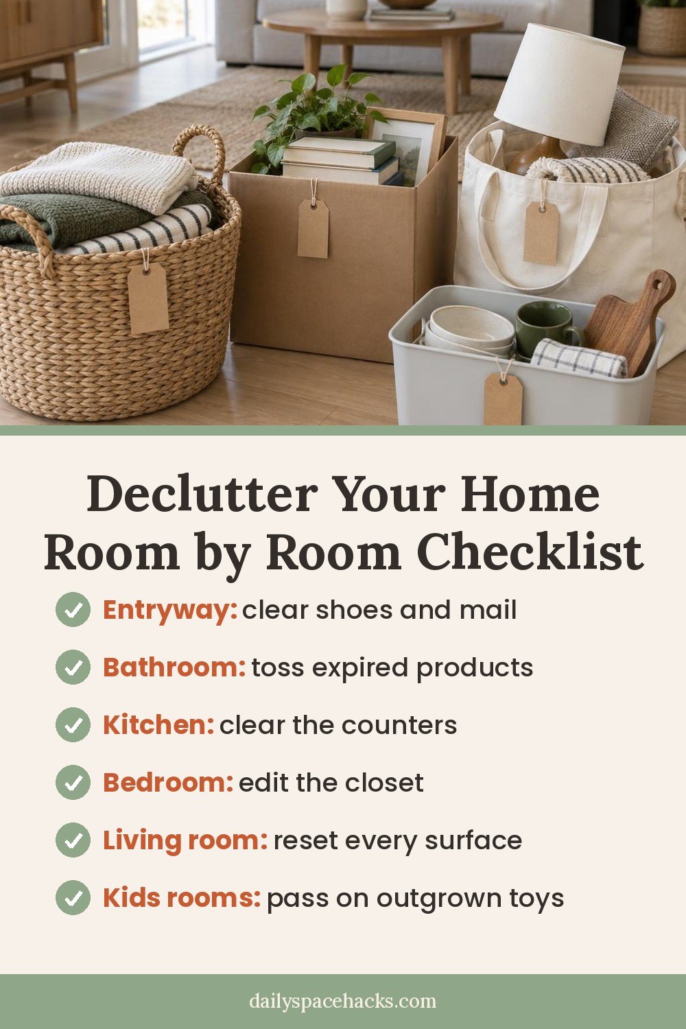 Declutter your home room by room checklist: entryway, bathroom, kitchen, bedroom, living room and kids rooms
