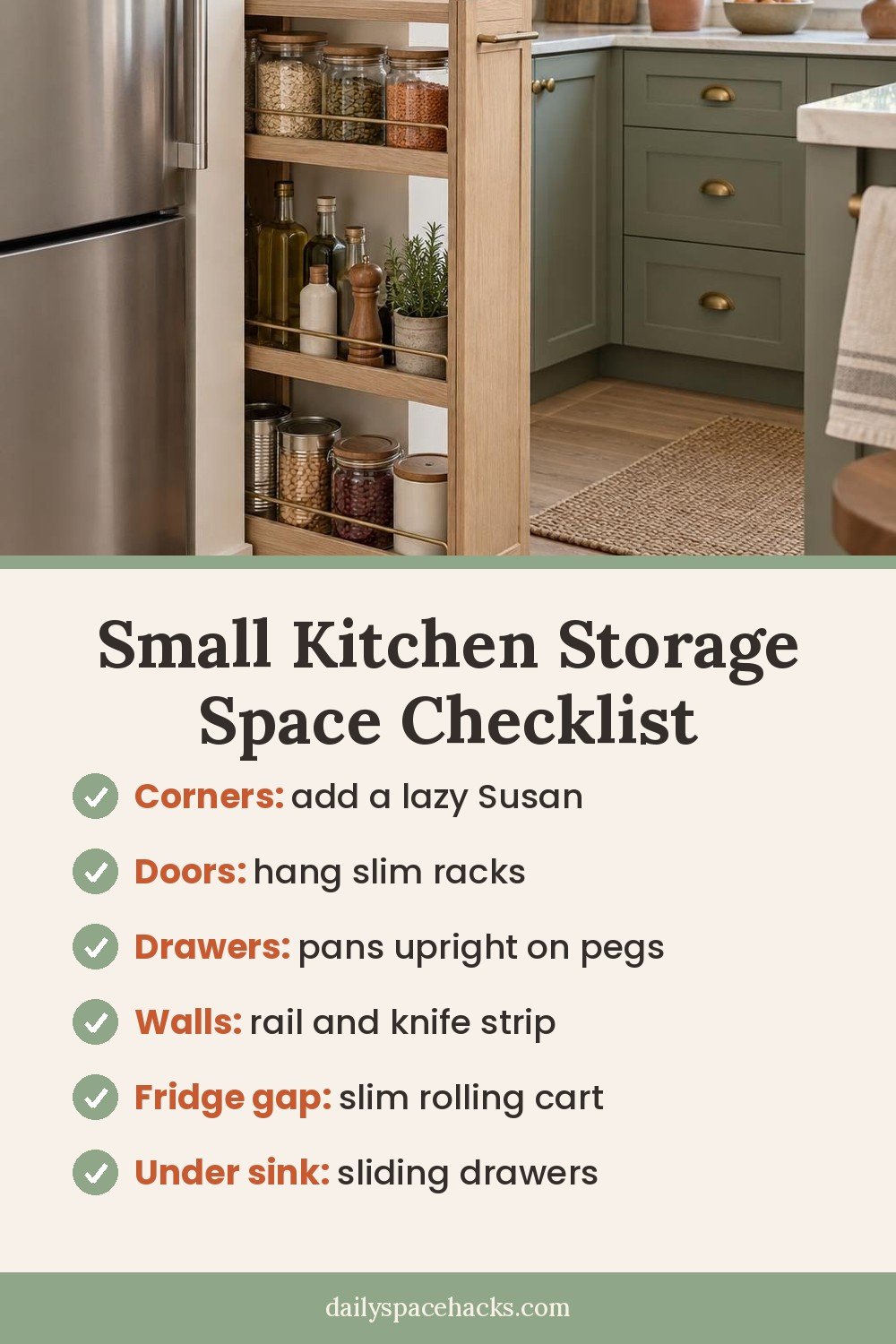 Small kitchen storage checklist: corners, cabinet doors, deep drawers, walls, the fridge gap and under the sink