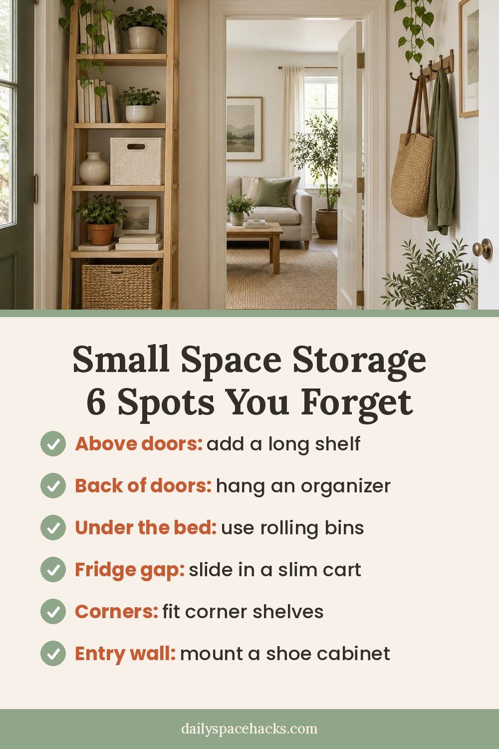 Small space storage checklist: above doors, back of doors, under the bed, fridge gap, corners and entry wall