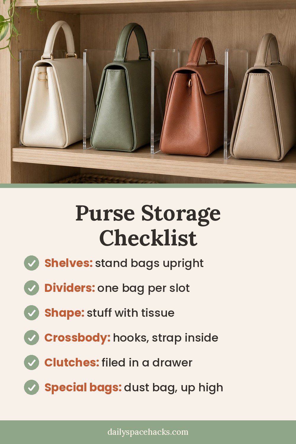 Purse storage checklist pin