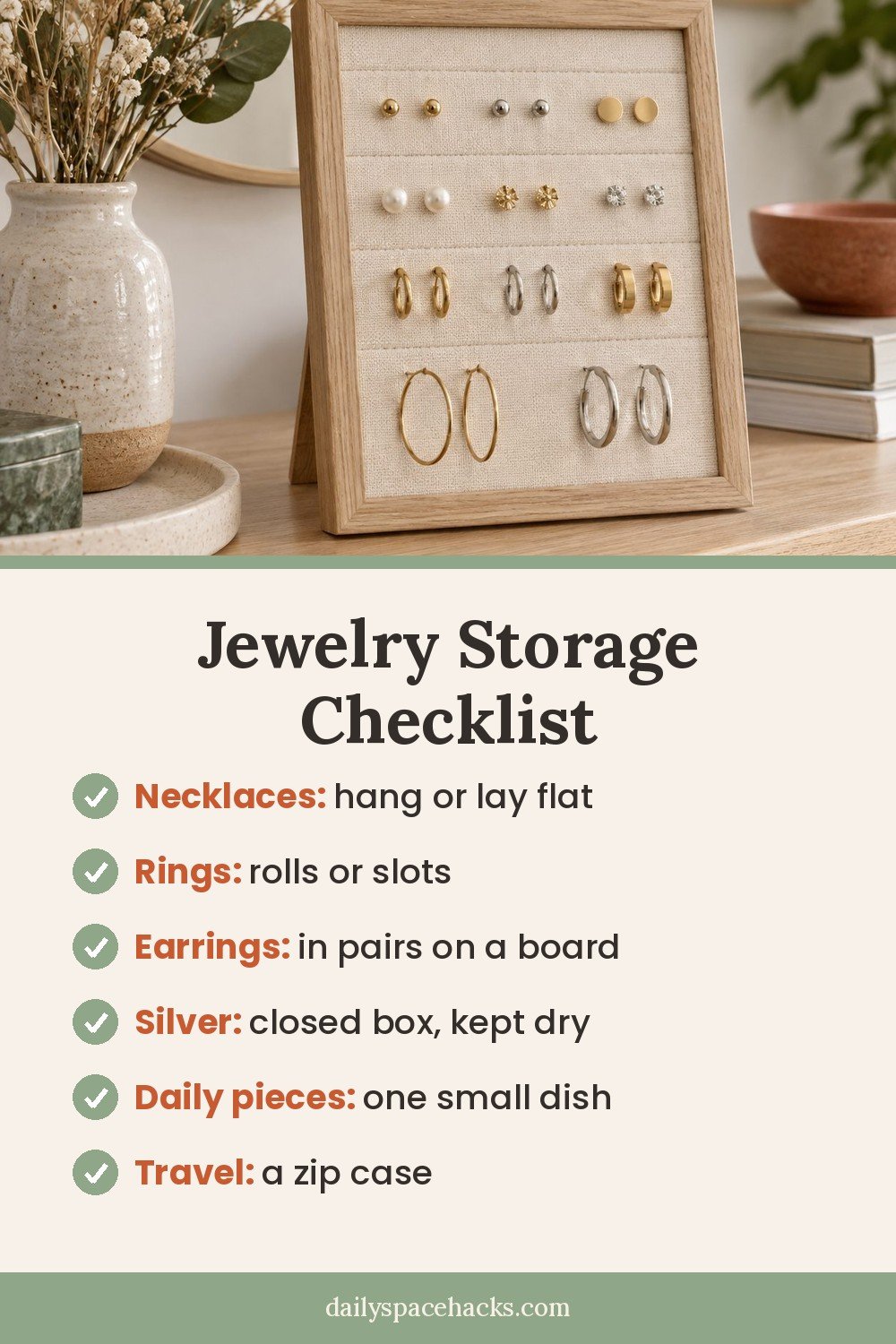 Jewelry storage checklist pin