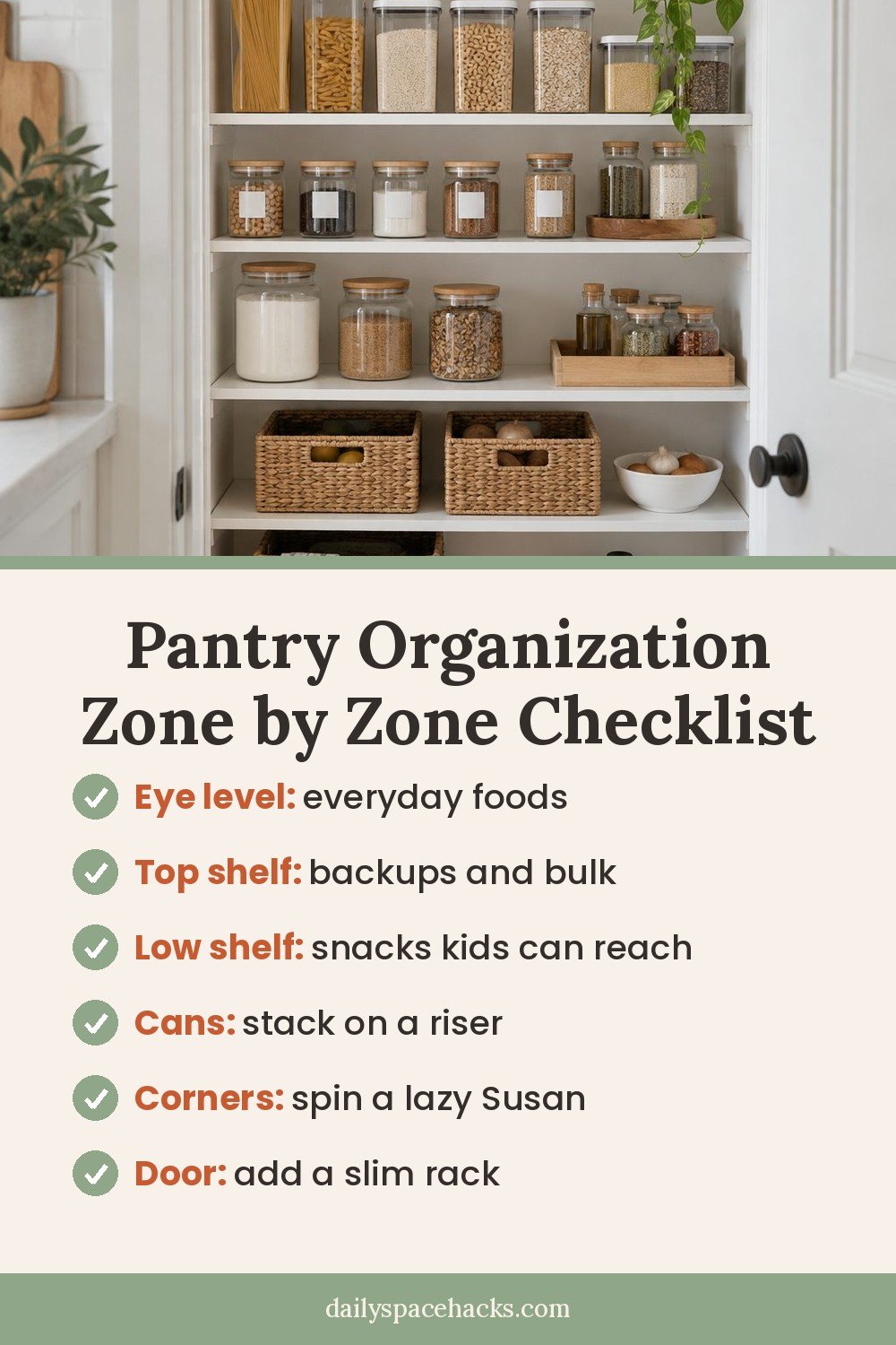 Pantry organization checklist: everyday foods at eye level, backups on the top shelf, snacks low, cans on a riser, lazy Susans in corners and a door rack