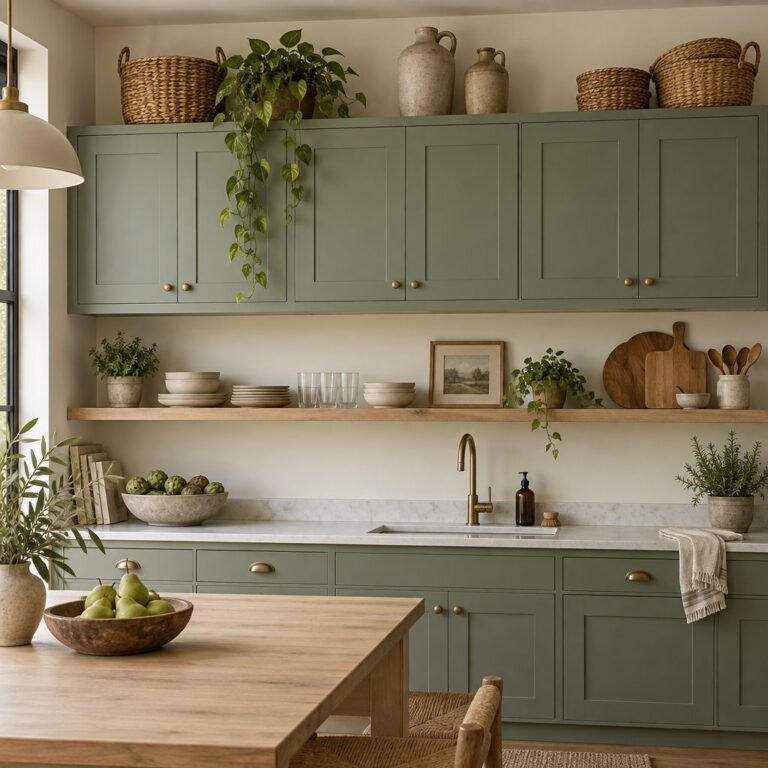 Over kitchen cabinet decorating ideas: sage green upper cabinets topped with woven baskets, two stoneware jugs and a trailing pothos plant, above an oak open shelf with plates and a counter with a sink, brass faucet and a dining table in front