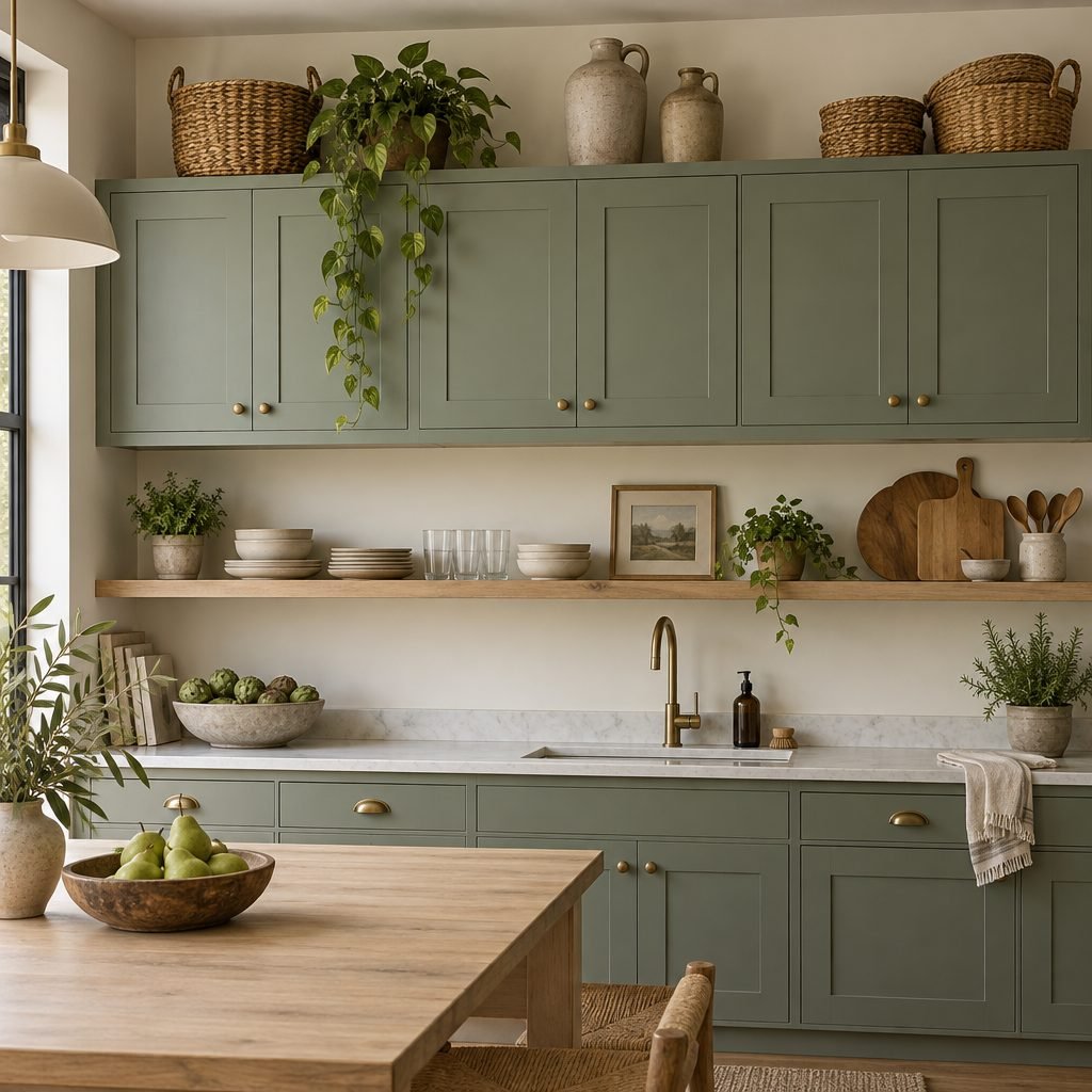 Over kitchen cabinet decorating ideas: sage green upper cabinets topped with woven baskets, two stoneware jugs and a trailing pothos plant, above an oak open shelf with plates and a counter with a sink, brass faucet and a dining table in front