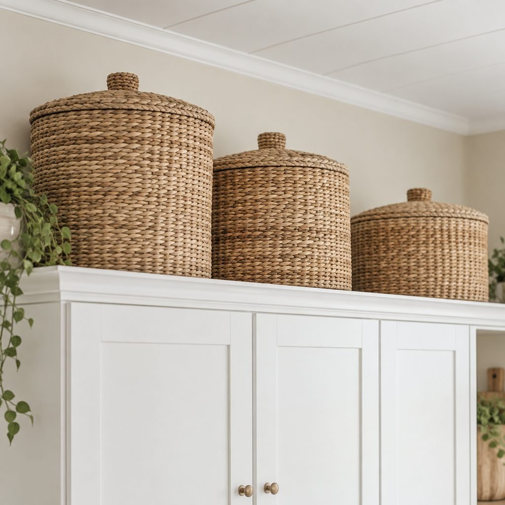 Three lidded seagrass baskets in different sizes lined up on top of white kitchen cabinets below a white ceiling, with a trailing plant at one end