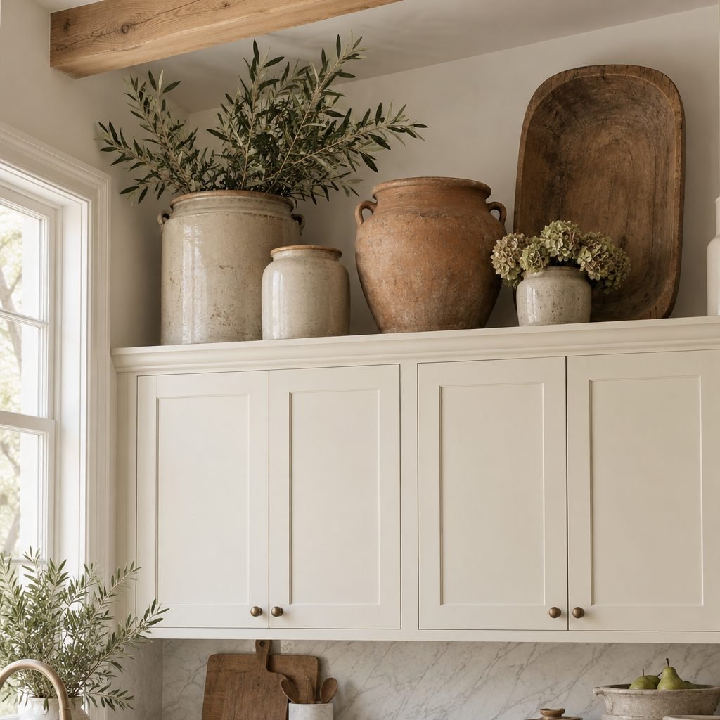 Oversized stoneware crocks with olive branches and dried hydrangeas, a terracotta urn and a wooden dough bowl standing upright on top of cream kitchen cabinets under a wood beam