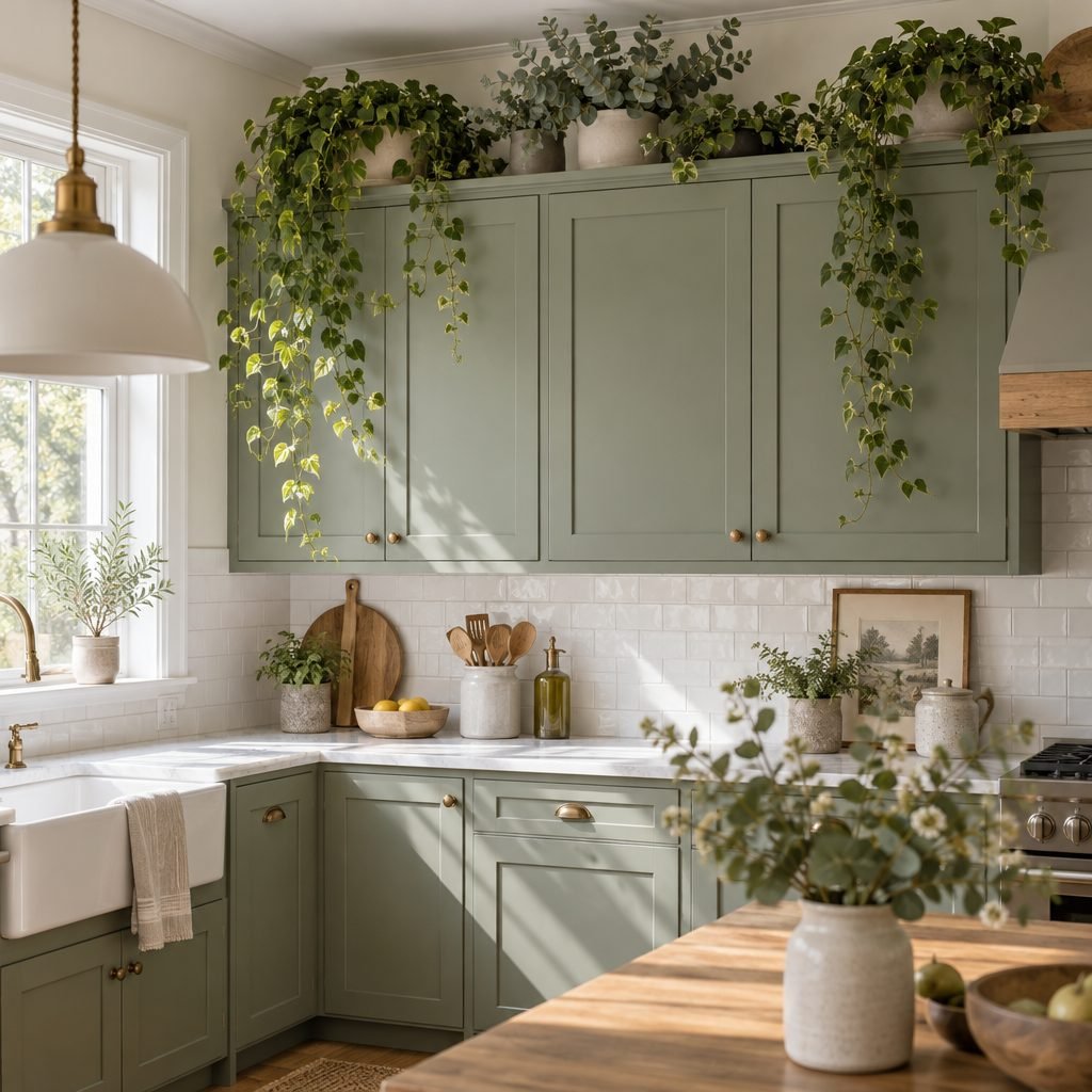 Sage green upper cabinets topped with several pots of faux trailing greenery spilling over the edge, above a white subway tile backsplash, a farmhouse sink and a wooden island with a vase of eucalyptus