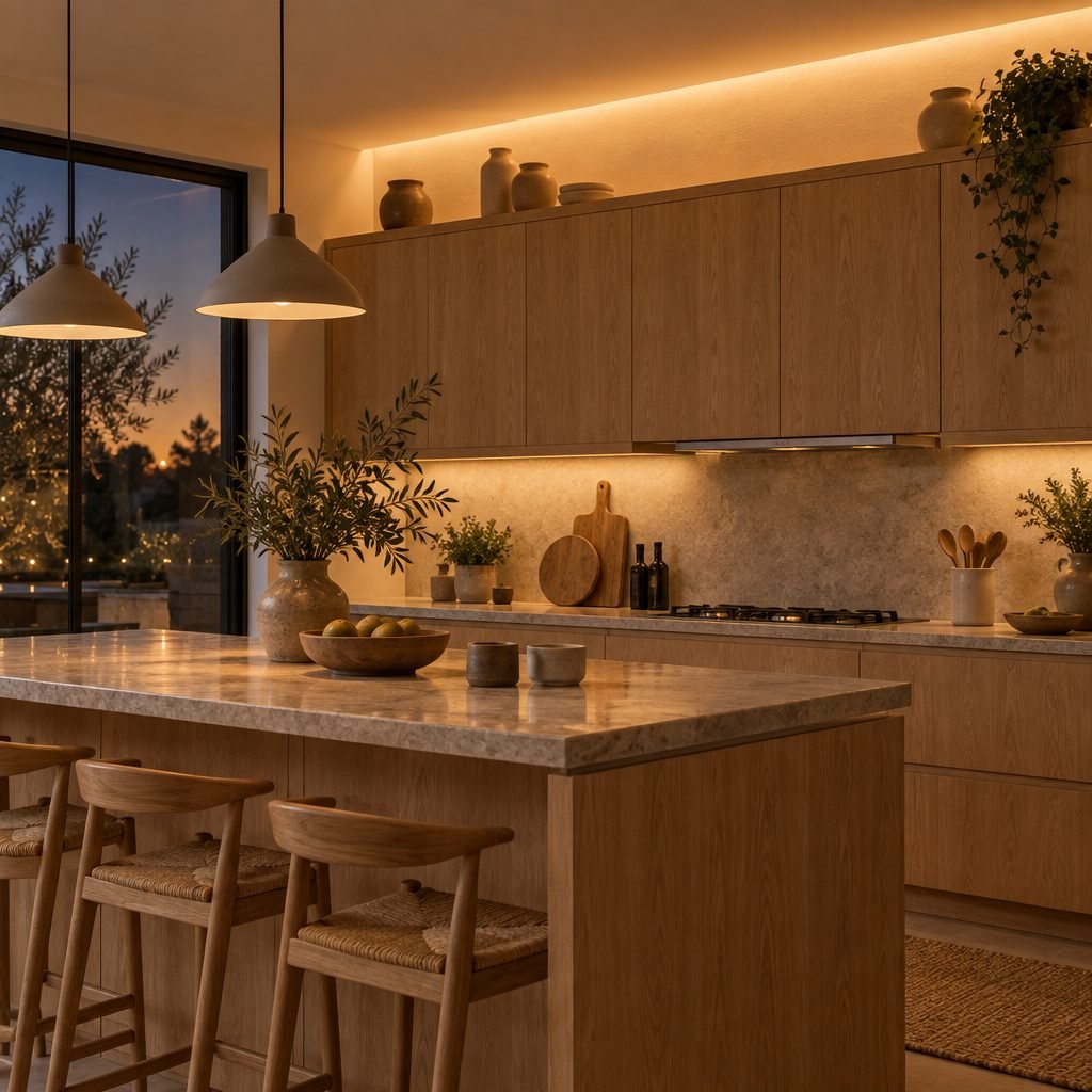 Oak kitchen at dusk with a warm LED strip hidden on top of the upper cabinets lighting the ceiling, a few stoneware vases and a trailing plant above the cabinets, under-cabinet lights over a stone backsplash and an island with rush stools