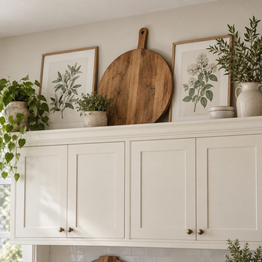 Two framed botanical prints and a large round wooden board leaning on the wall above cream kitchen cabinets, with faux trailing greenery and a stoneware jug of greenery