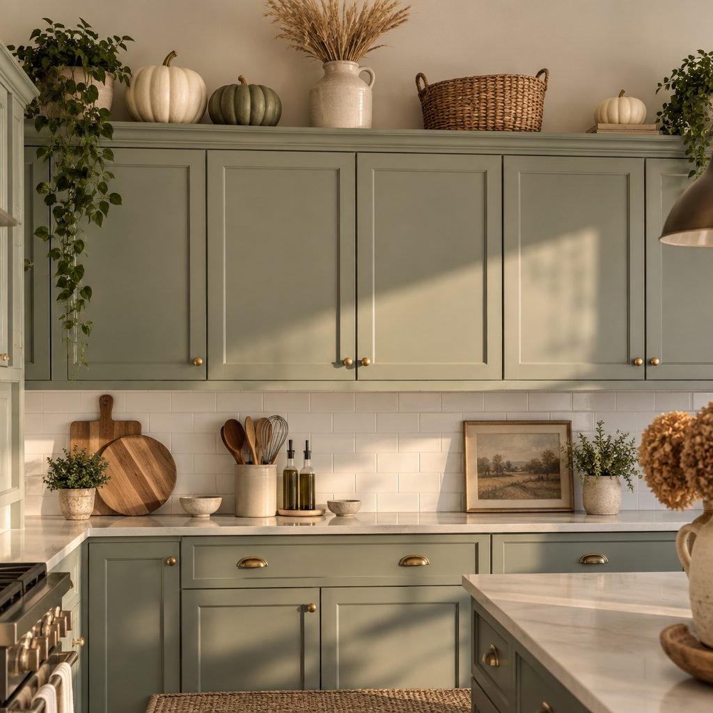 Fall decor above sage green kitchen cabinets: white and green pumpkins, a stoneware jug of dried wheat, a woven basket and trailing greenery, with a white tile backsplash and styled counter below