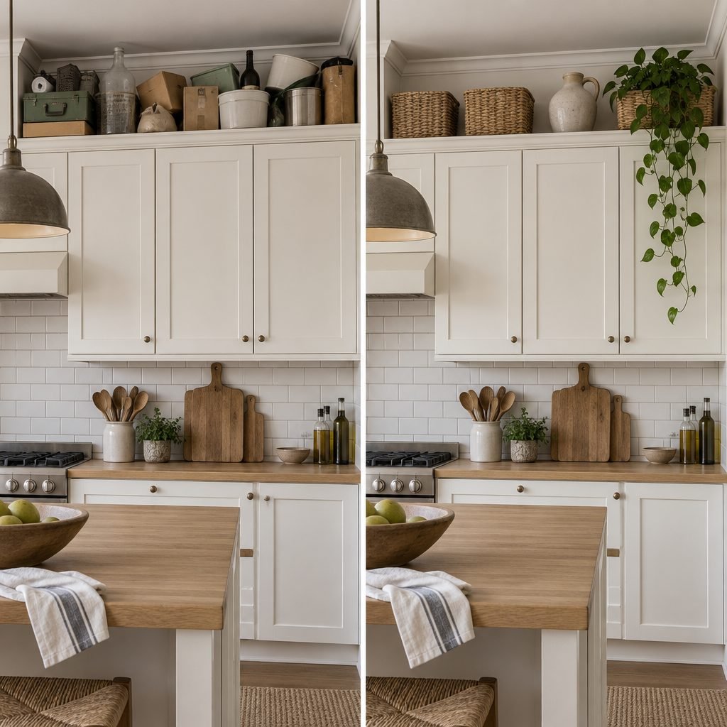 Above kitchen cabinets before and after: the top of white cabinets crowded with boxes, bottles, a toolbox and plastic tubs, then the same space with two woven baskets, a stoneware jug and a trailing plant