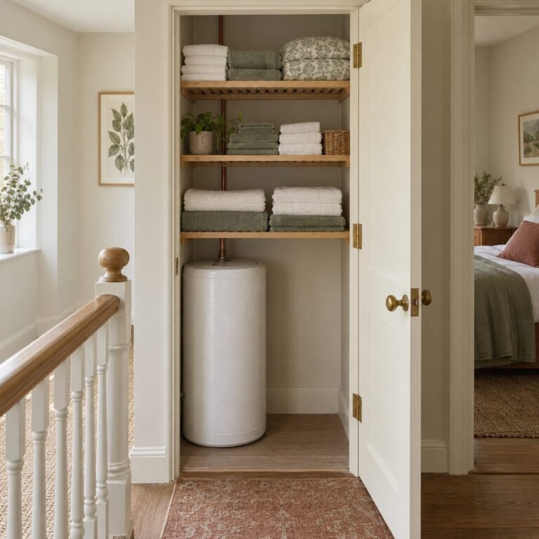 Airing cupboard shelves: slatted pine shelves of folded white and sage towels and bedding above a white insulated hot water cylinder in an open landing cupboard