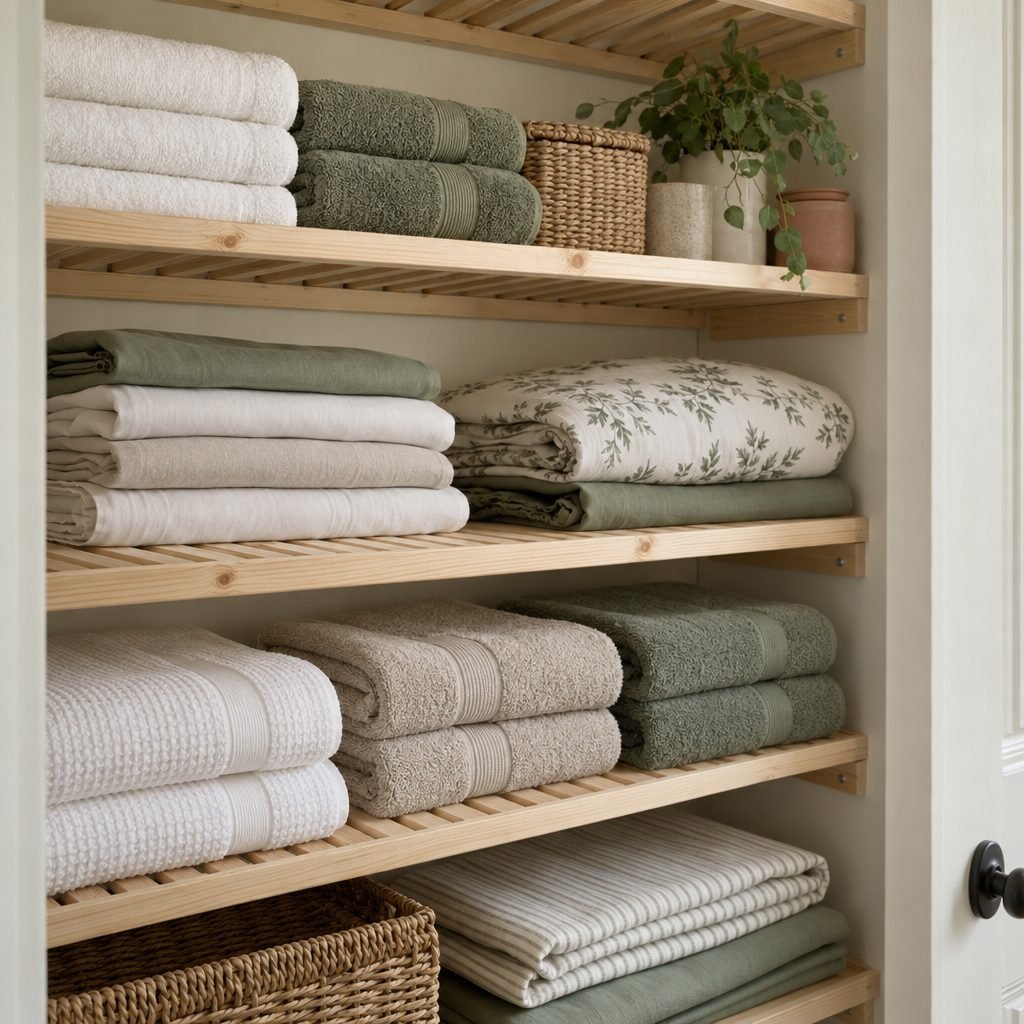 Slatted pine airing cupboard shelves on wooden battens holding neat stacks of folded white, oatmeal and sage green towels and sheets