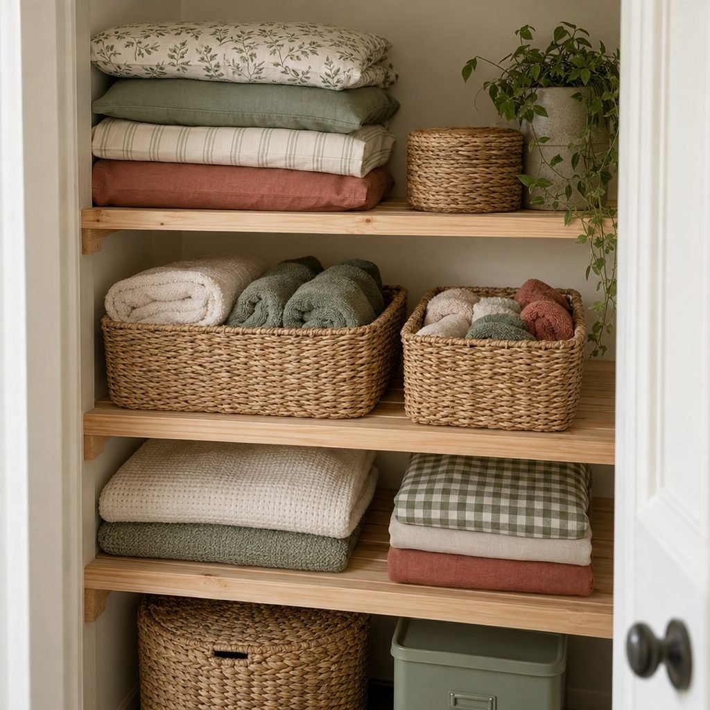 Airing cupboard shelf with bedding sets folded inside matching pillowcases beside woven baskets of rolled hand towels and flannels